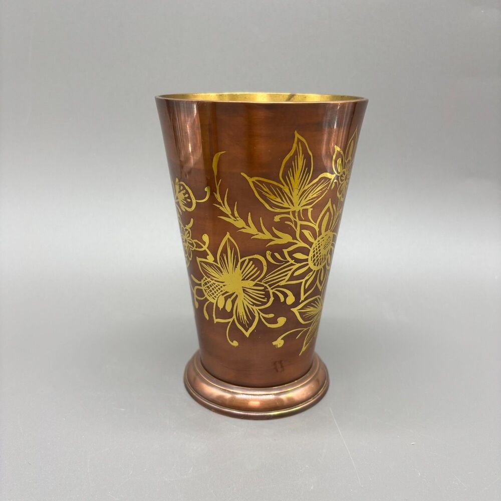 Anthropologie Copper Tone Gold Floral Pedestal Vase Boho Global Eclectic Decor